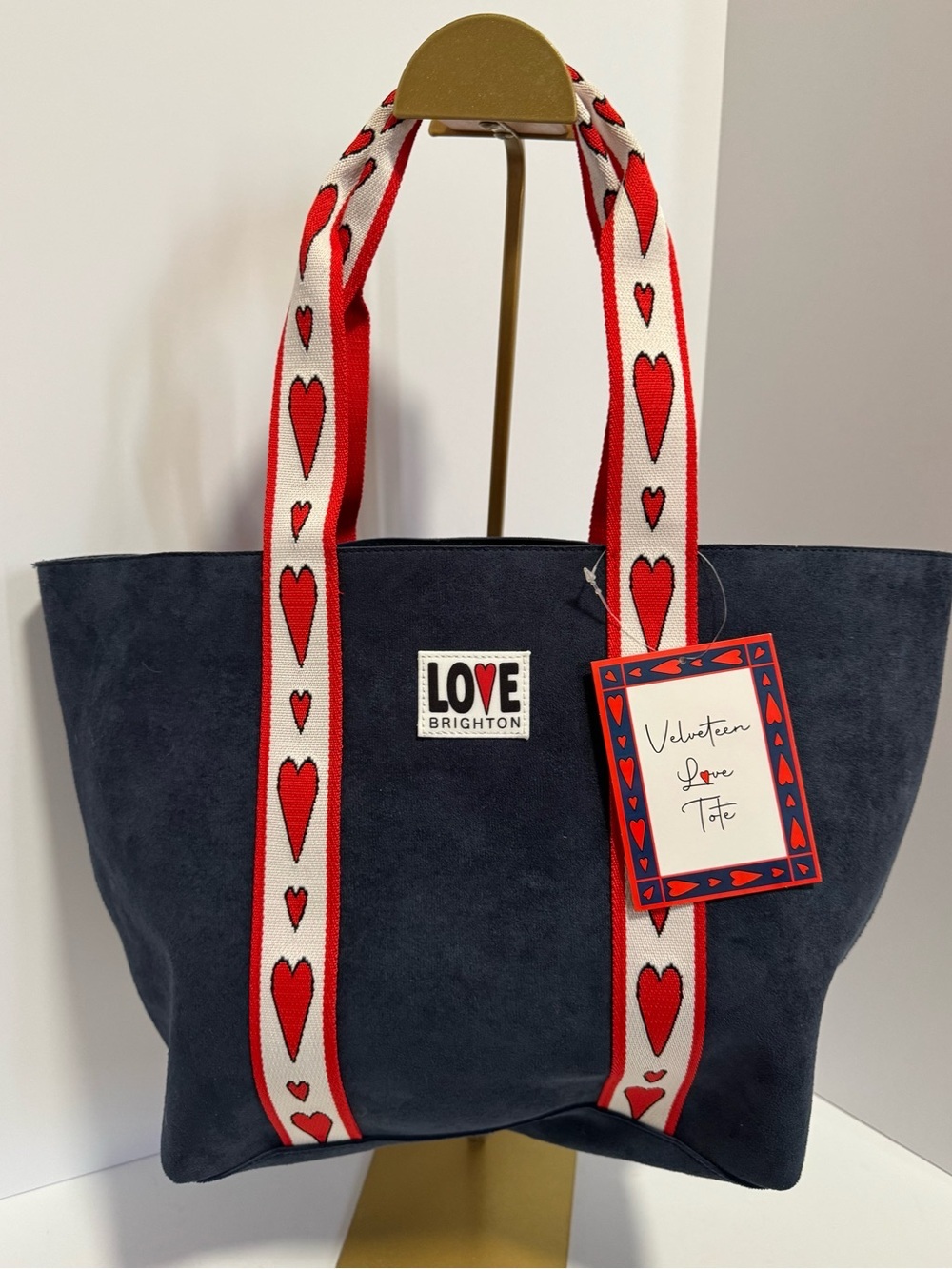 Brighton Velveteen Love Tote Navy Blue Suede Heart Webbing Straps NWT